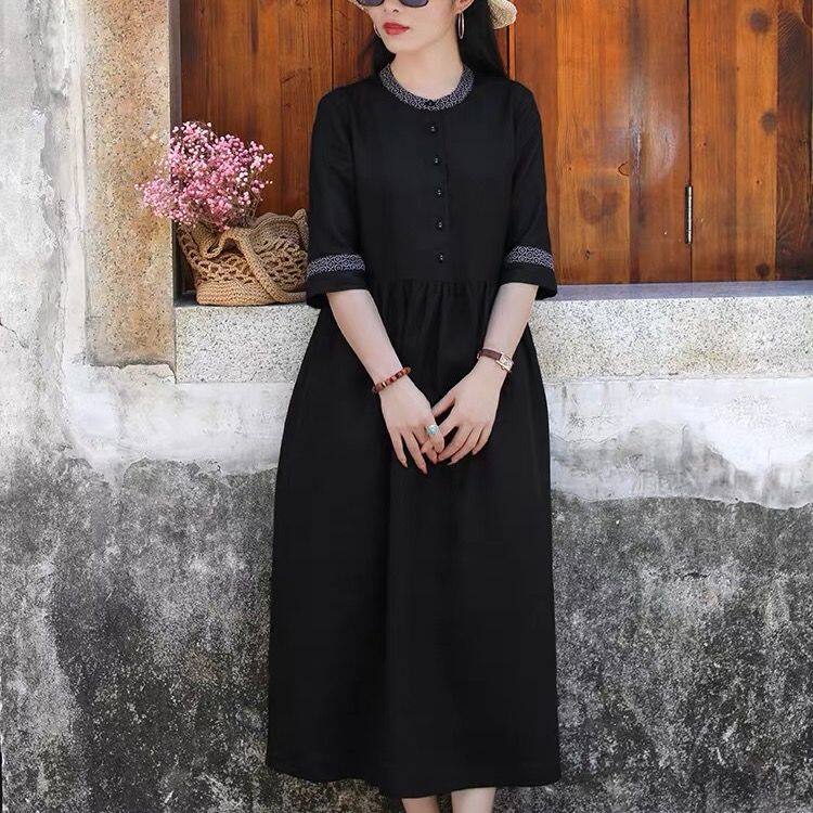 FairyTaill New Arrival Soft Cotton Linen Loose Cozy Summer Dress Office Lady Work Dress Women Travel Casual Midi Dress Plus Size 201D040