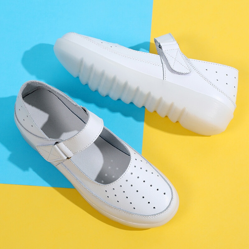 DOSREAL Woman Pure White Nurse Shoes Women Soft Air Casual Genuine Leather Flat Loafers Shoes Hallow-Out Peas Shoes
