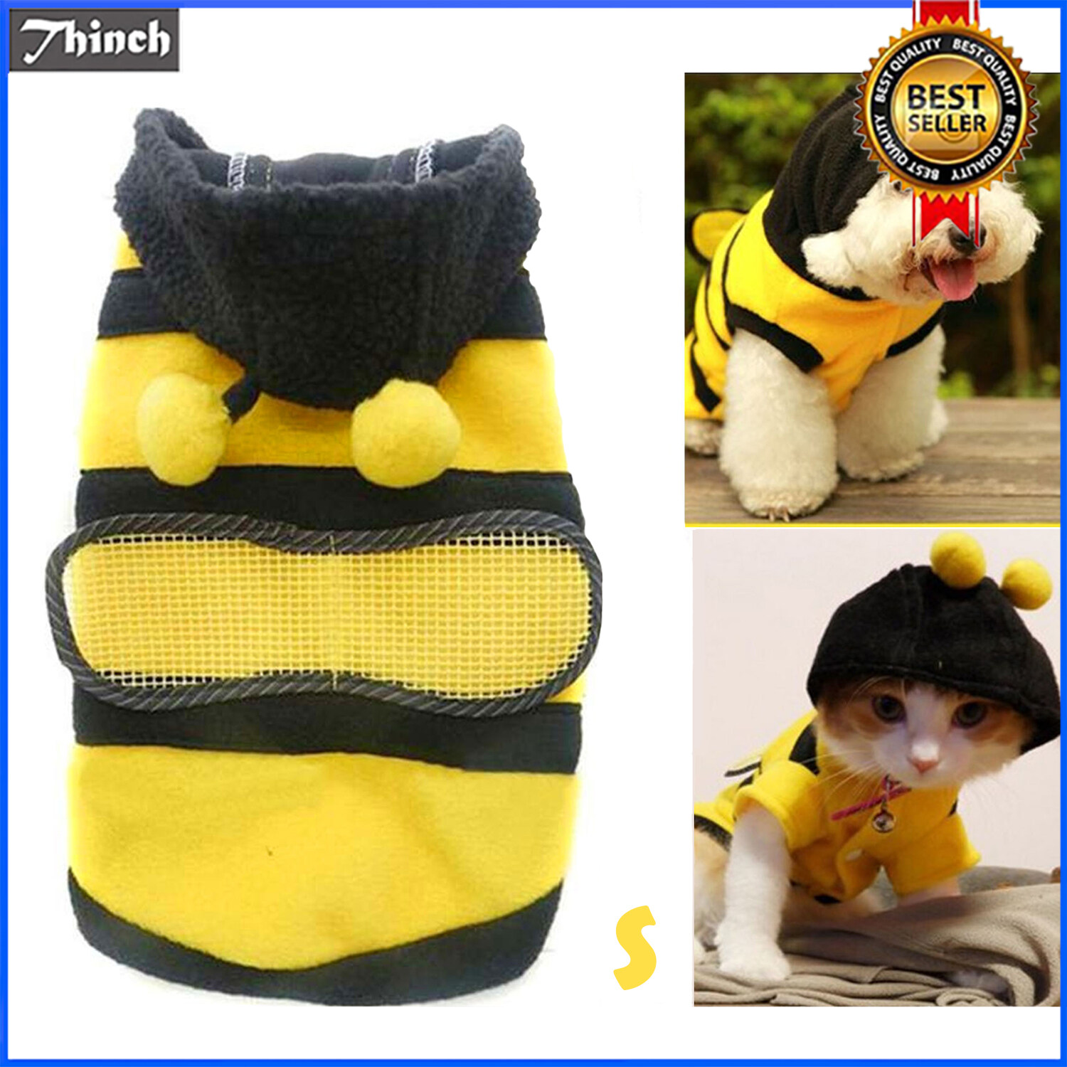 Cute Bee Design Pet Dog Polar Fleece Cloth Clothing Cat Clothes Puppy Hoodie Plush Warm Winter Coat Apparel Costume Accessory for Dogs Pets with Hat Size S