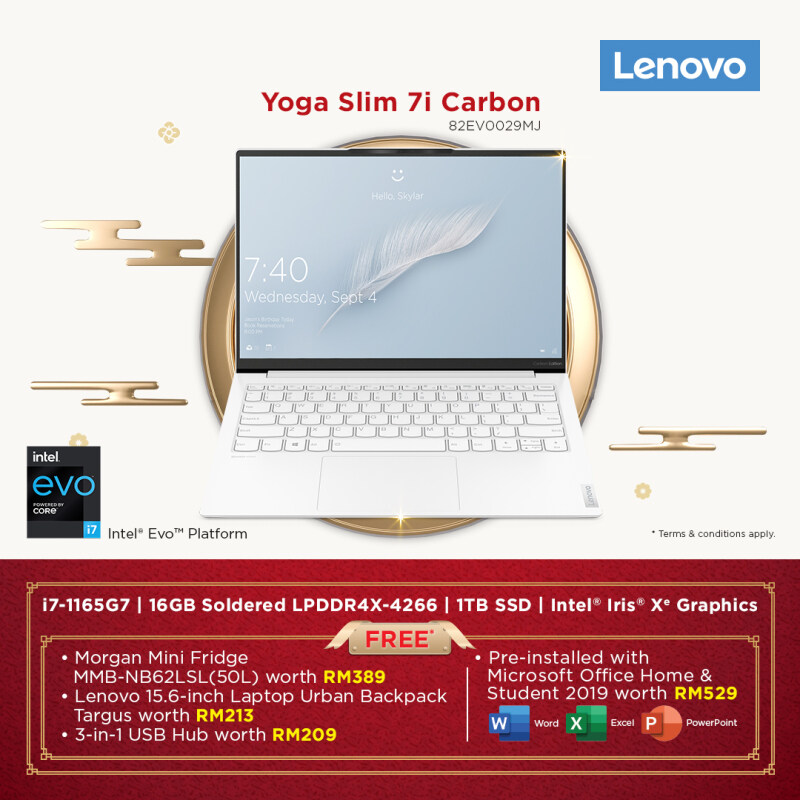 LENOVO YOGA SLIM 7 CARBON 13ITL5 82EV0029MJ S7 (I7-1165G7,16GB,1TB SSD,13.3 QHD,IRIS XE,WIN10) FREE BACKPACK + PRE-INSTALLED OFFICE H&S 2019 Malaysia