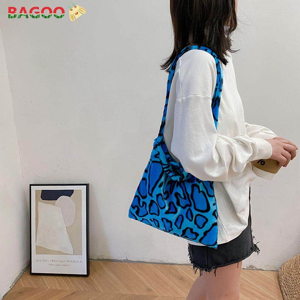 BAGOO Korean Colorful Leopard Pattern Women Shoulder Bag soft Plush Top-handle Bag Large Capacity Casual Shopping Handbag Totes