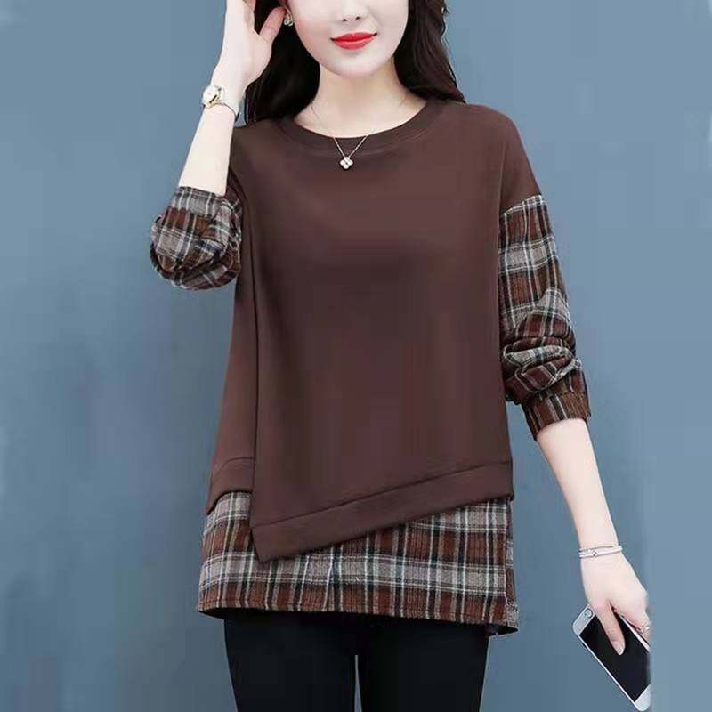 Sweater T-shirt Women Autumn New Style Plaid Stitching Casual Loose Bottoming Shirt Women
