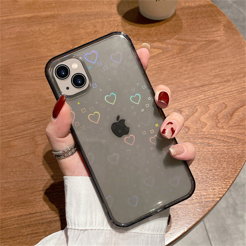 HOCE Fashion Gradient Laser Love Heart Phone Case For iPhone 15 14 13 12 11 Pro Max 14 15 Plus 13 12 Mini X XR XS Max 7 8 Plus Plum Bossom Pattern Clear Shockproof Bumper Cover Cases Casing