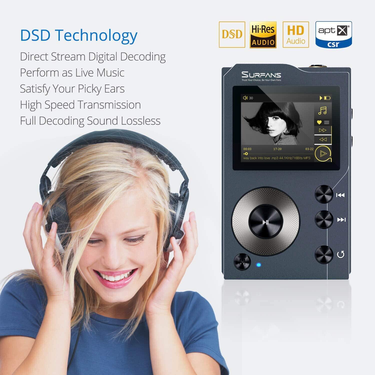Surfans เครื่องเล่น F20 HiFi MP3พร้อมบลูทูธ,Lossless DSD เครื่องเล่น