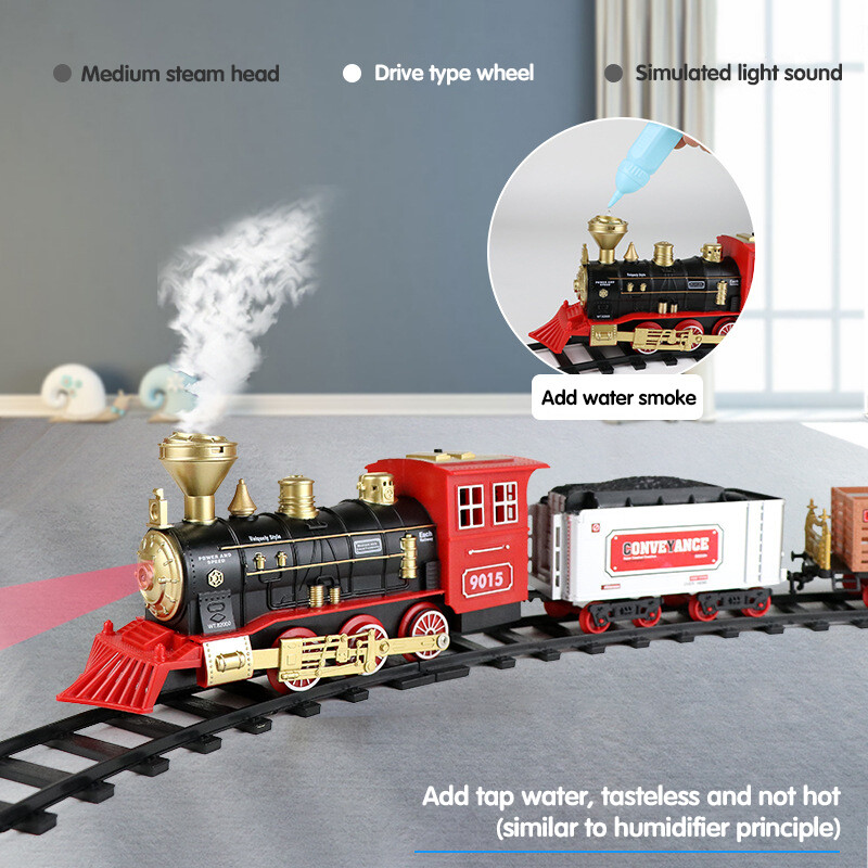 CONUSEA Battery Operated Railway Classical Freight Train Locomotive Playset Simulation Model Electric Train Toys