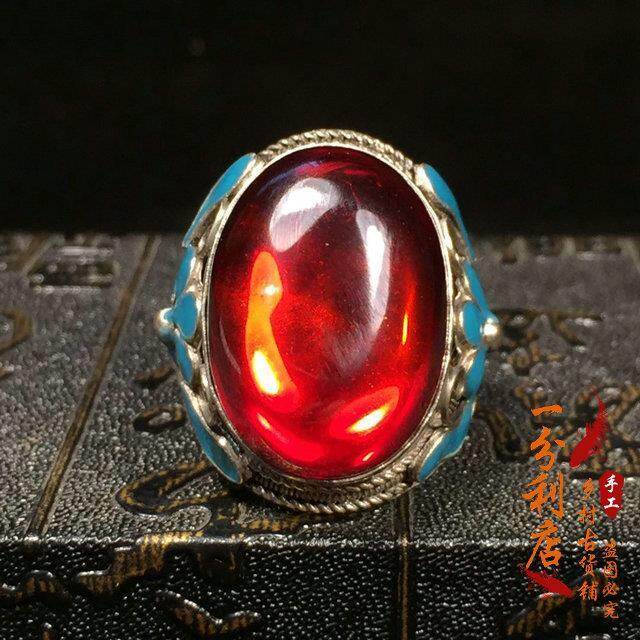 Antique collection Qing Dynasty red egg face ring support ring face old silver inlaid Open Silver Ring full silver wrench