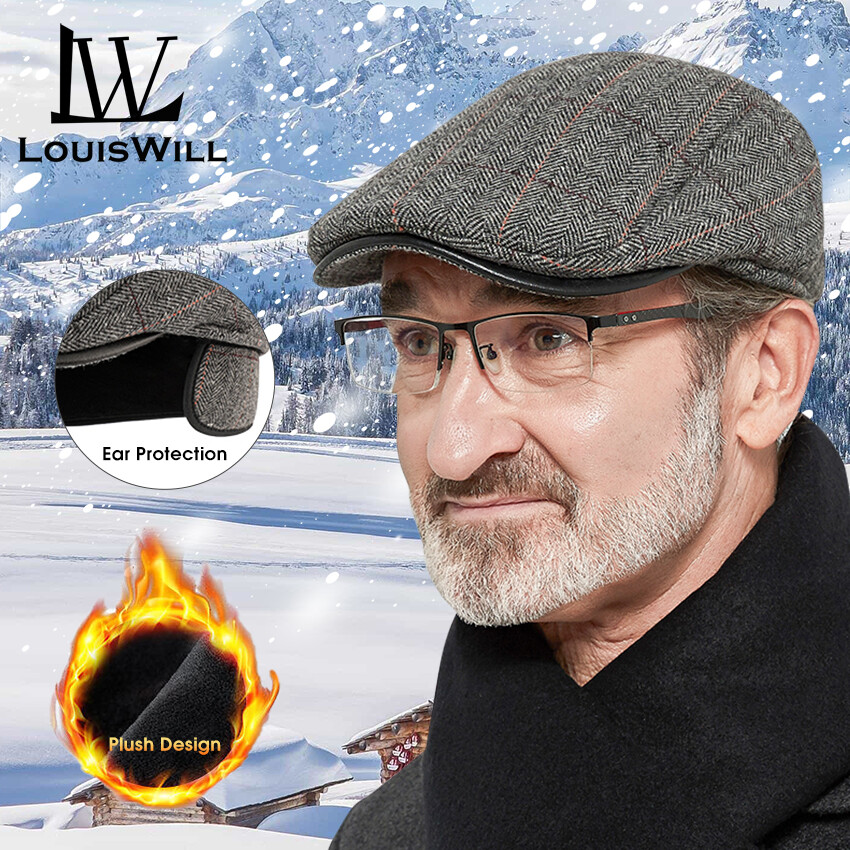 LouisWill Men’s Fashion Berets Hat Autumn And Winter Woolen Cap Plush Thick Duckbill Cap Warmth Ear Protection Beret Cold Proof Outdoor Leisure Cap Casual Beret Retro Hat Driver Flat Cap For Middle Aged Old Aged