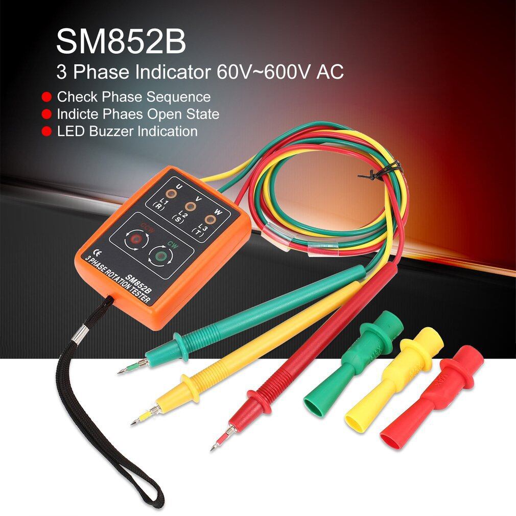 OBBB SM852B 3 Phase Rotation Tester 60V-600V AC Digital Phase Indicator Detector LED Buzzer Phase Sequence Meter Voltage Tester