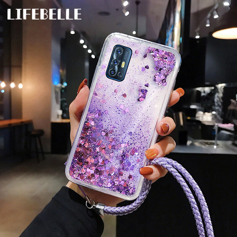 LIFEBELLE For Vivo V19 Neo Case with Long Lanyard, Luxury Glitter Stars Dynamic Sparkle Liquid Quicksand Pretty Phone Case Clear Silicone Shockproof Casing Back Cover Girls Women Lady for Vivo V19Neo