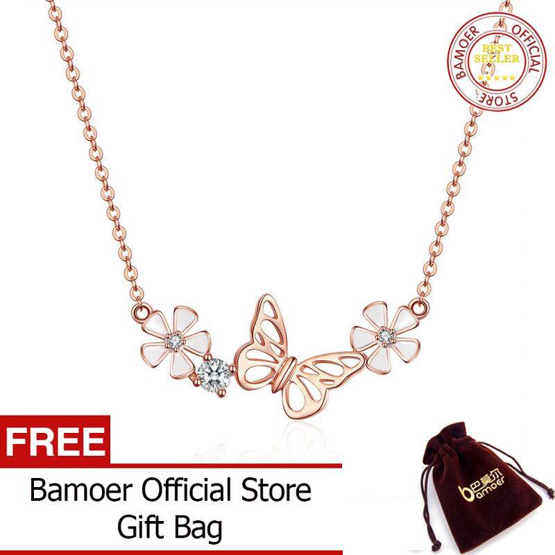BAMOER Butterfly and Flower Necklace 925 Sterling Silver Enamel Floral Short Choker Necklace Silver Korean Jewelry BSN053