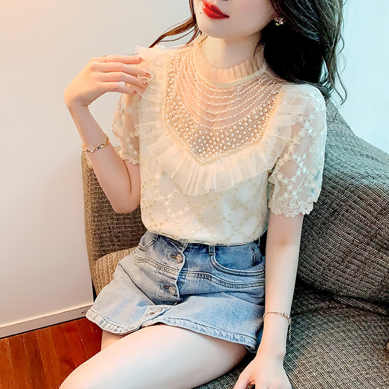 2022 New Lace Embroidered Ruffle Short Sleeve Beautiful Top