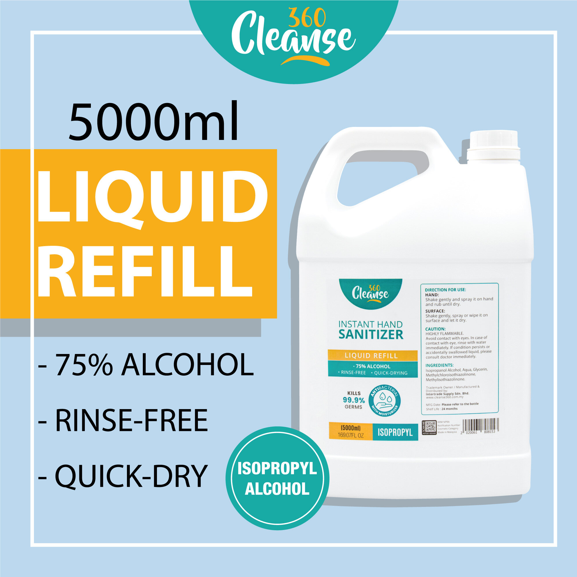 Cleanse360 Hand Sanitizer [Liquid Refill 5000ml / 5L / 5 Litre] 75