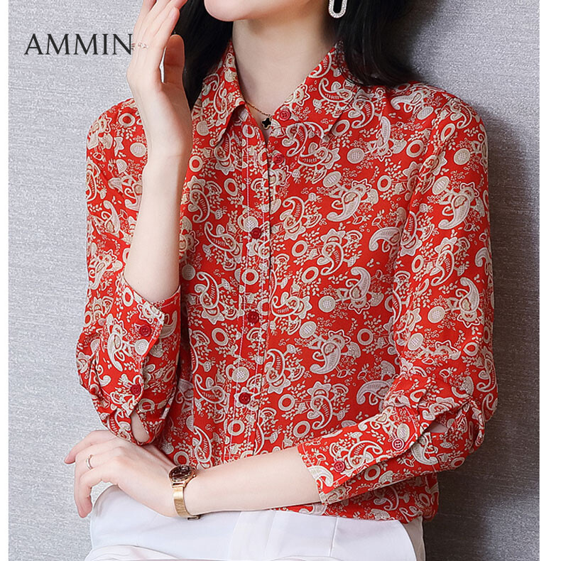 AMMIN Red Floral Silk Shirt For Women Long Sleeve New Fashion Retro Printed Mulberry Silk Top Lady Fashion Casual Office Beautiful Blouse