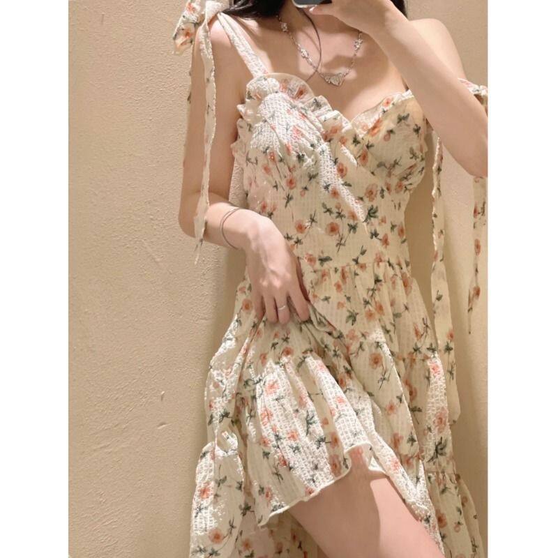 TTBE French fungus edge floral suspender skirt women's spring dress 2022 new waist-waisted thin and gentle style inner dress