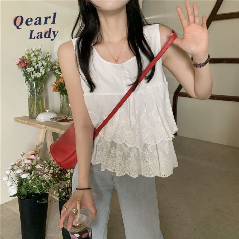 QearlLady White lace hem halter tank top for summer sweet Spice sleeveless top 504b152