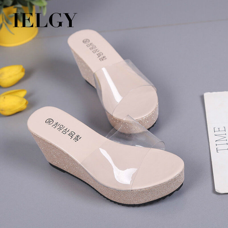 IELGY Korean version of slope heel sandals and slippers for women transparent muffin thick bottom slippers