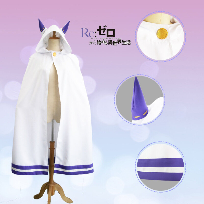 Anime Re:Life In A Different World From Zero Costume Emilia Dress Women Uniform Suit Hooded Cloak With Wig White Straight Long Hair