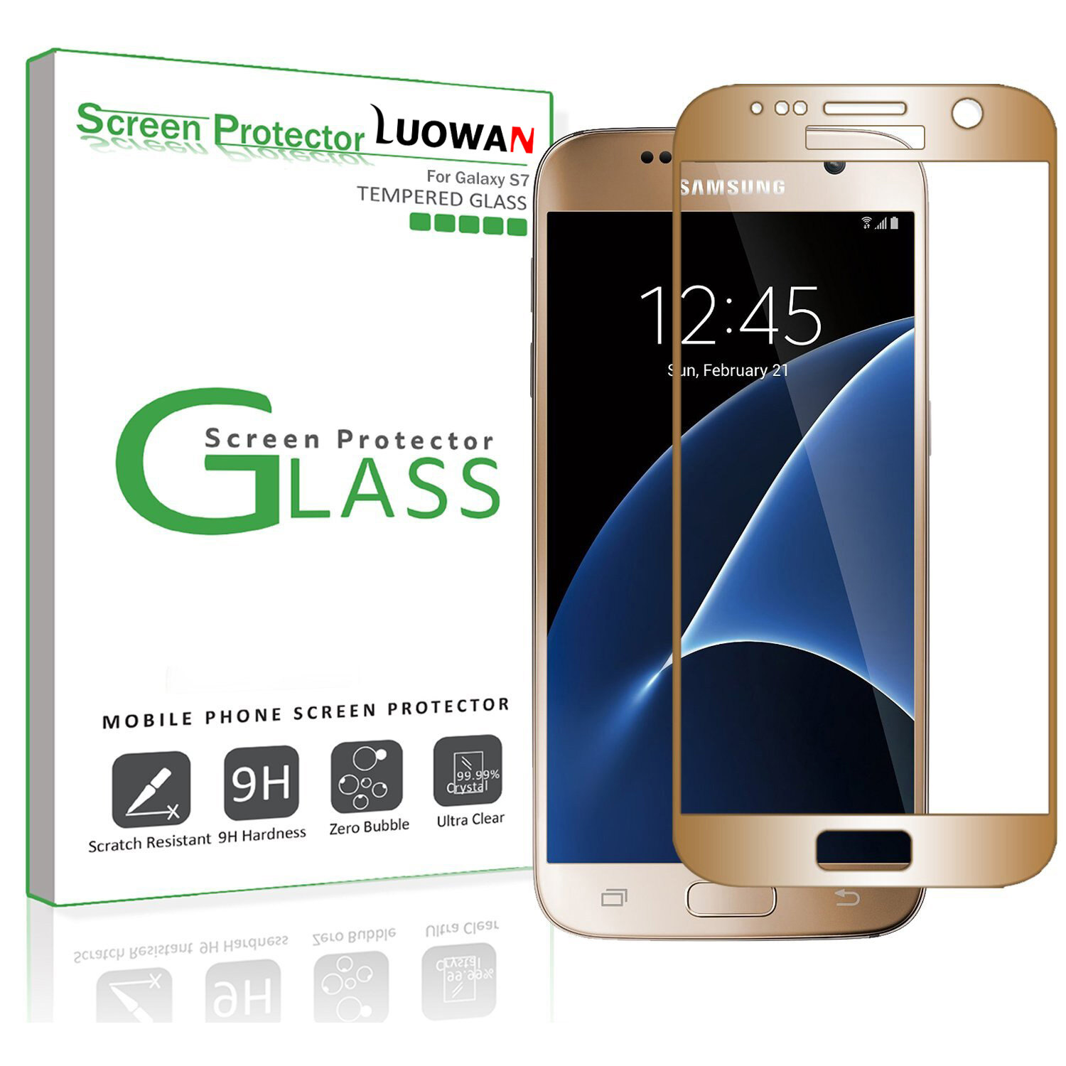 LUOWAN Glass Screen Protector for Samsung Galaxy S7, Tempered Glass, Dot Matrix, 3D Curved, with Gold Border