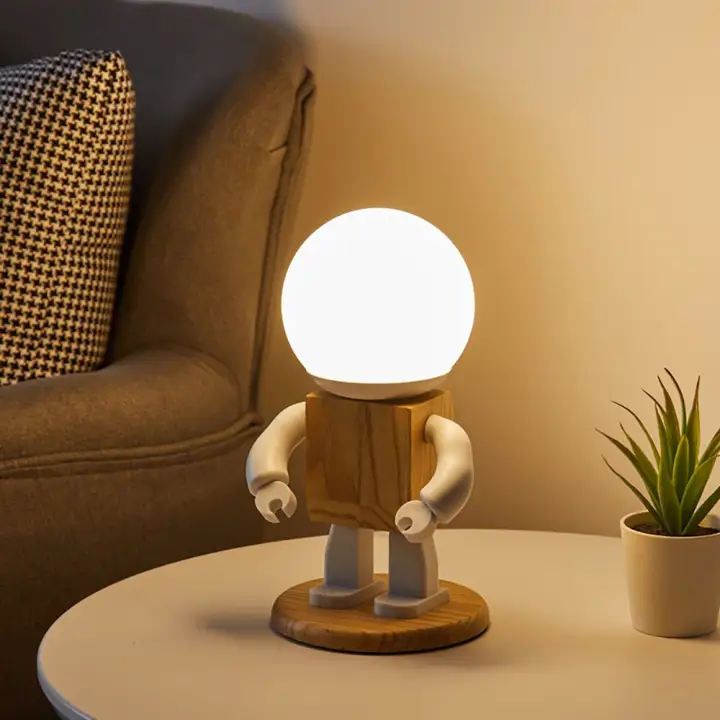 Cute Robot Table Light Nordic Modern, Wooden Table Lamps For Living Room