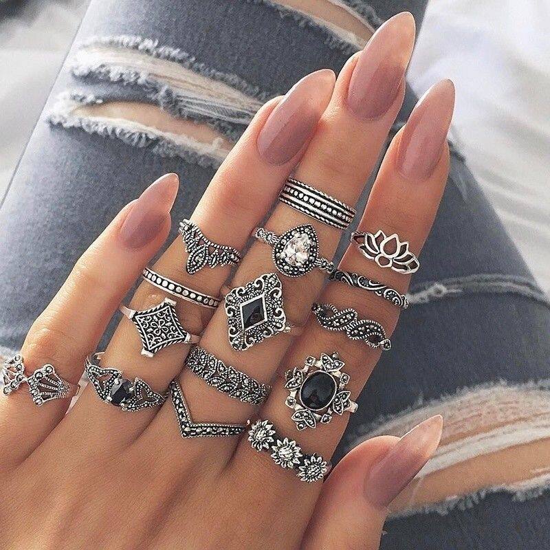 15pcs / set Retro Bohemian Crystal Flower Lotus Leaves Hollow Silver Gem Color Ring Women Wedding Anniversary Gift