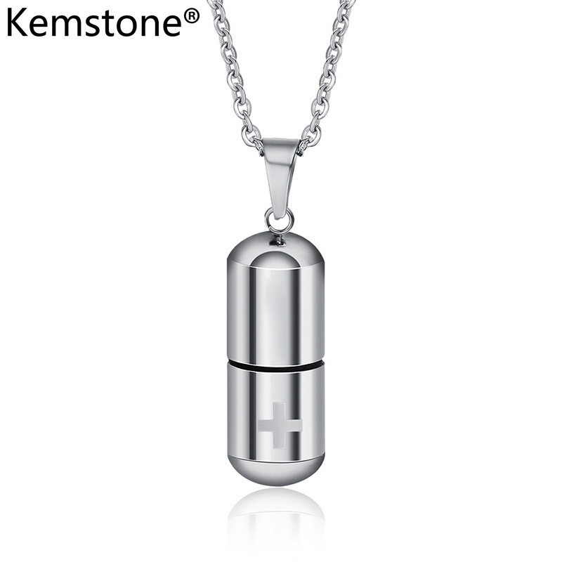 Kemstone Fashion Stainless Steel Perfume Medicine Bottle Cross Pendants Necklace Jewelry For Men Women