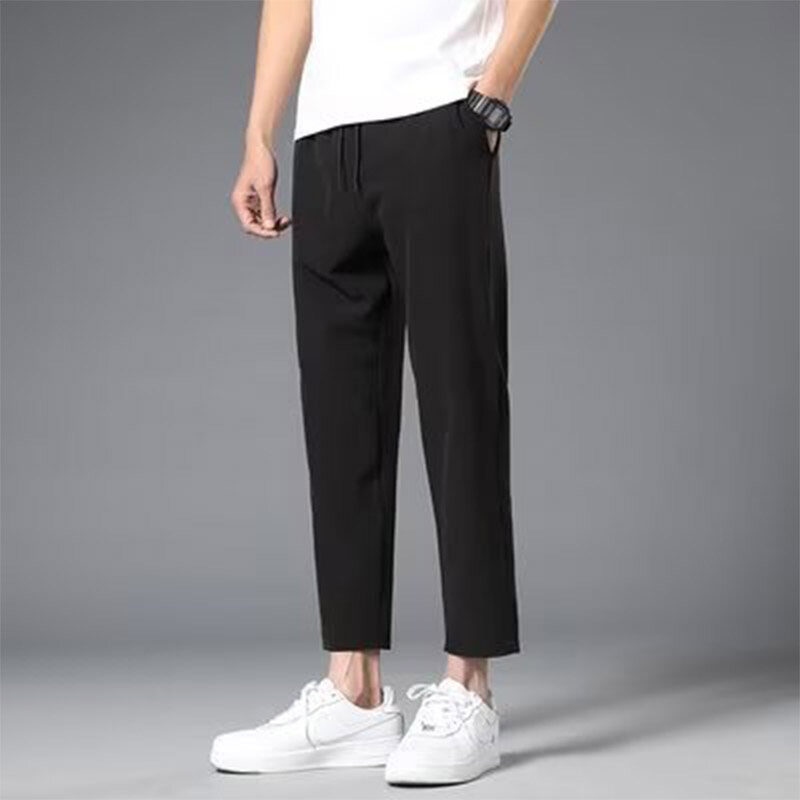 TIDE BEAR Men's ice silk elastic tie cropped pants Straight breathable casual pants men's summer cool pants