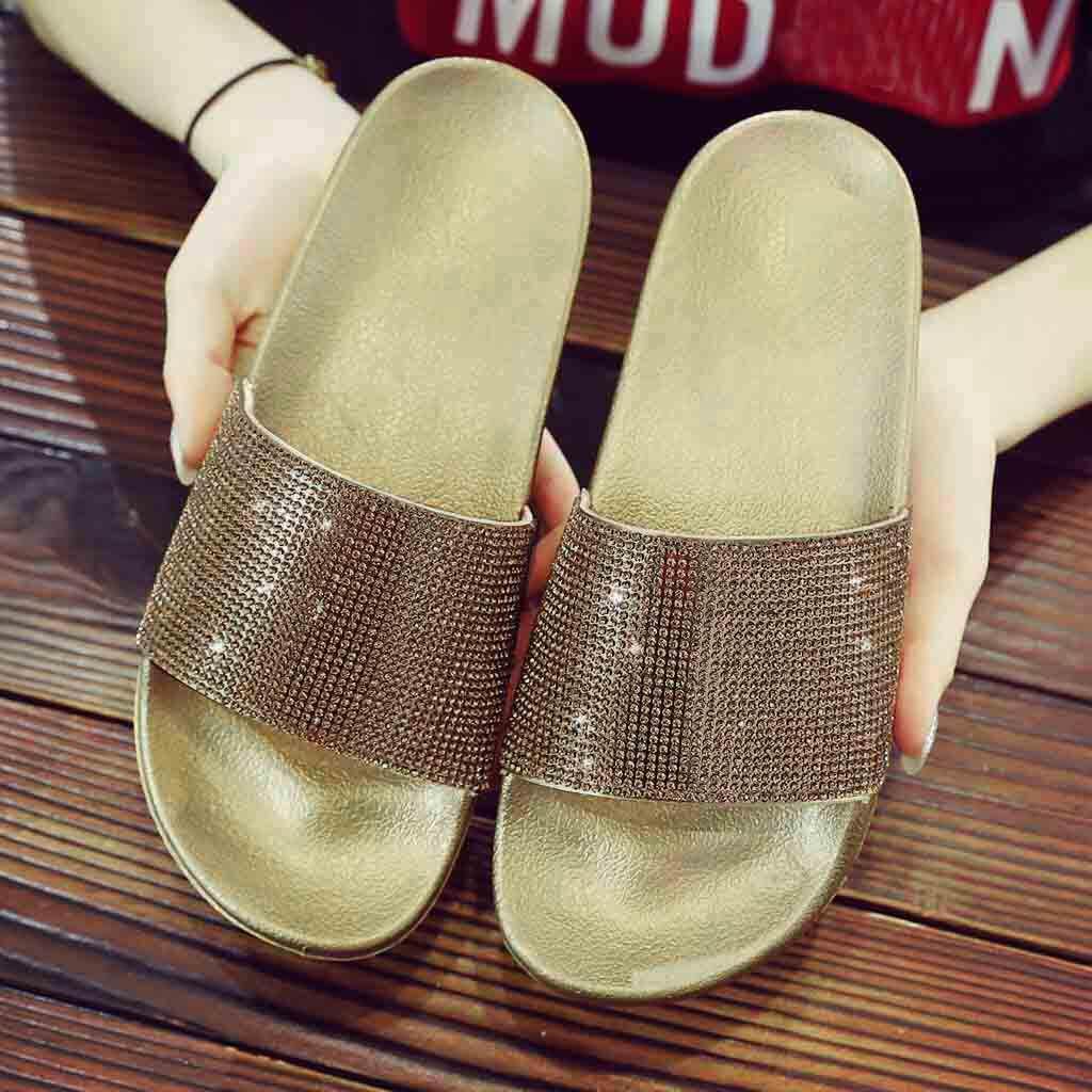 NEW Women Ladies Young Girls Flat Diamanté Sparkly Sliders Bow Slipper Shoes
