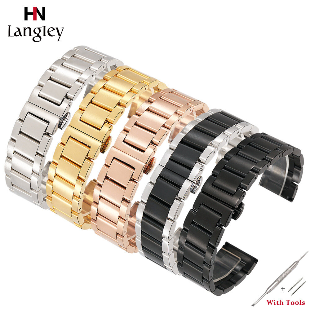 zhangeer 16mm 18mm 20mm 21mm 22mm 23mm 24mm 26mm High Quality Solid Stainless Steel Golden Watchband Straps Fashion Men's Business Watches Bands Double press butterfly button Wholesale