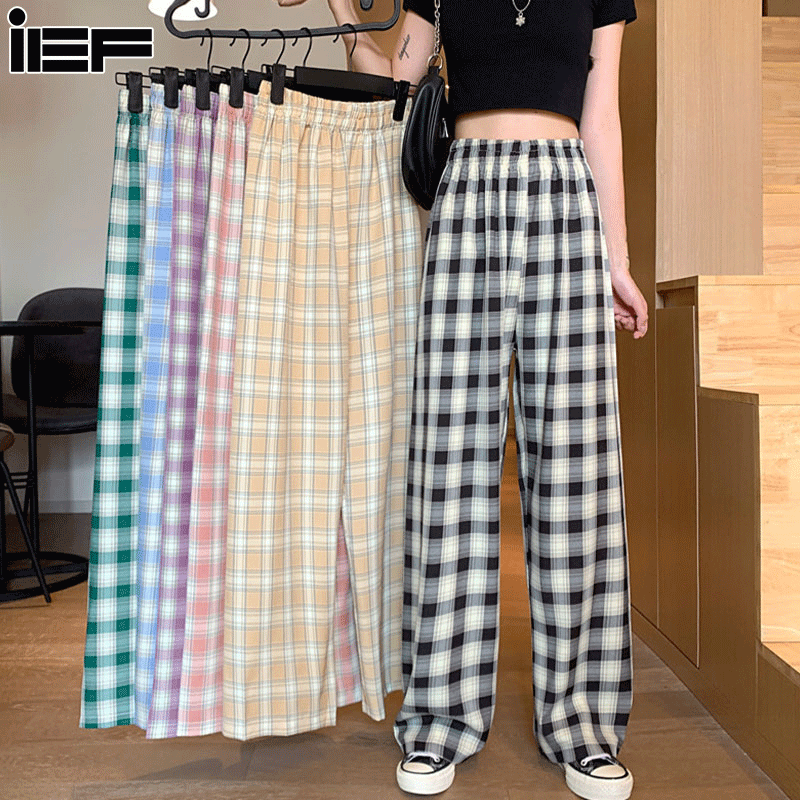 IEF plaid wide-leg pants women's summer high-waist straight-leg loose casual pants thin plaid pants