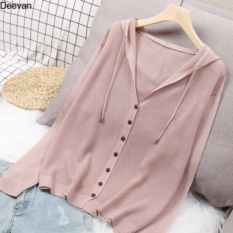 Deevan 1591774321 áo khoác cardigan dài tay áo khoác len dệt kim mùa thu mùa hè cho nữ áo khoác có mũ cài cúc hàn quốc áo len lụa băng áo chống nắng mỏng