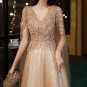 Champagne Gold A-Line Evening Dress with Cape and Beading