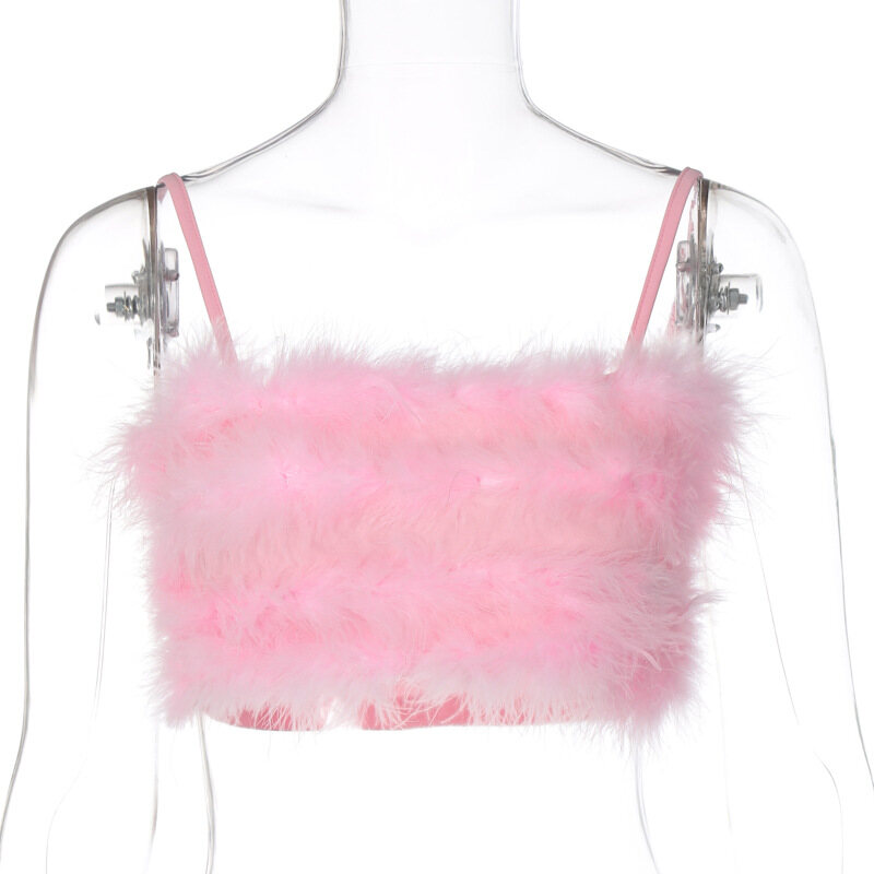 Sweet Girl Faux Fur Cami Top Summer Spaghetti Strap Cropped y2k Fairycore Korean Kawaii Sleeveless Tube Top Women Sexy Mini Vest