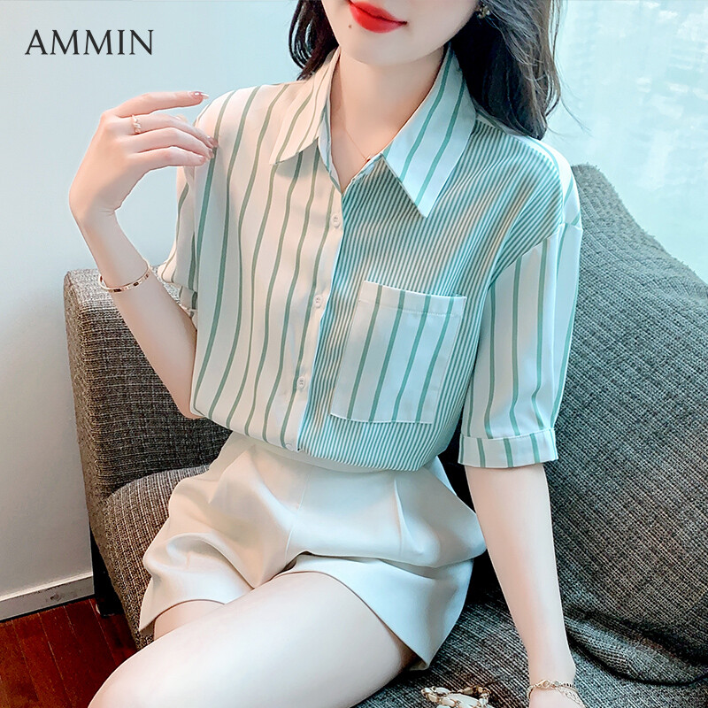 AMMIN's new summer simple lapel irregular striped printed short sleeve single breasted chiffon blouse Women's Korean version style single pocket design commuting elegant blouse