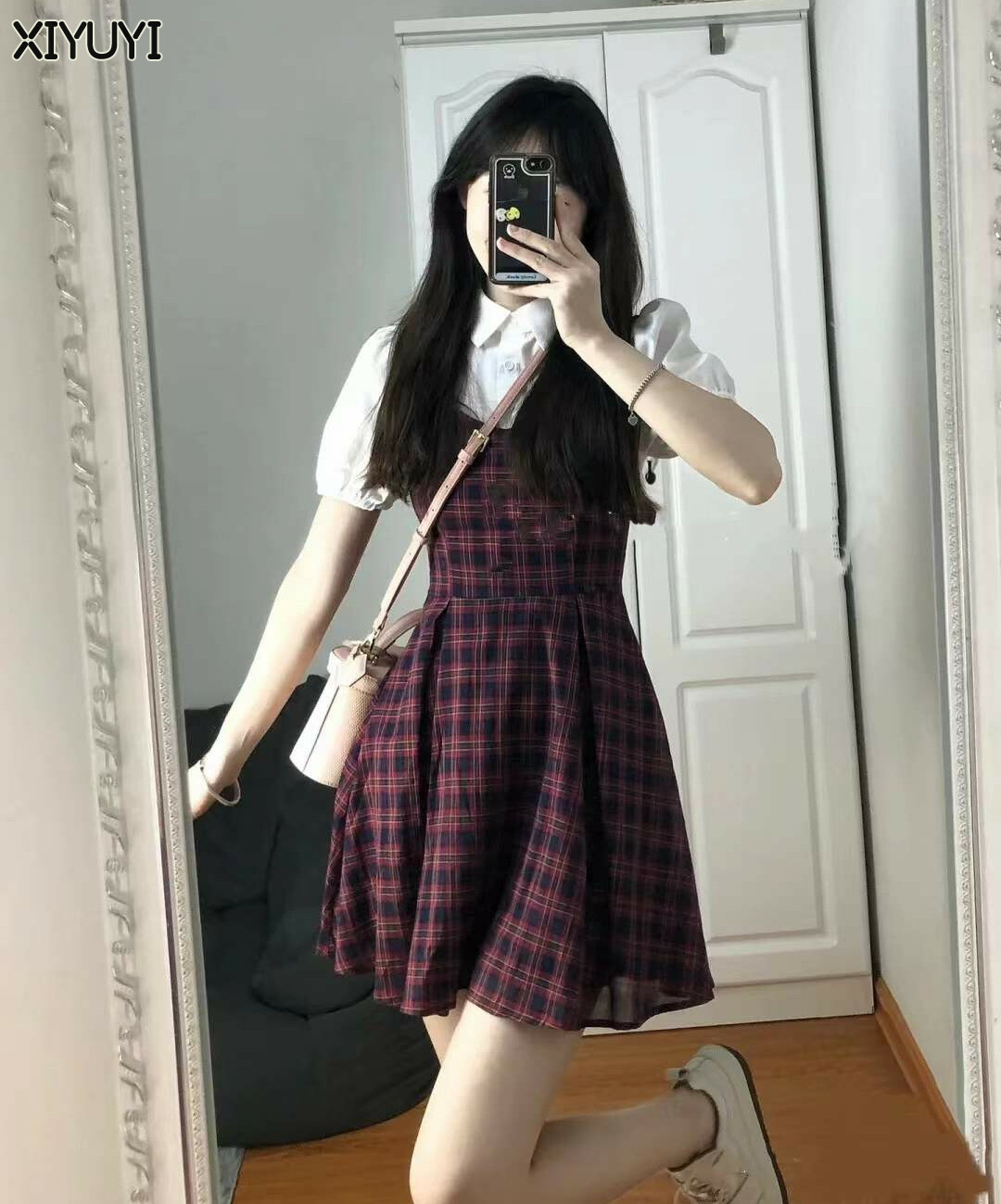 XIYUYI Đầm Cho Nữ ĐầM Giả Kẻ Sọc Tay Phồng Hai Lớp