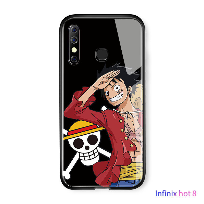 UCUC Casing For Infinix Hot 8 Case X650 X650C Hot  8 pro x650b Glass handphone Case Fashion Classic Luffy Glossy Casing Tempered Glass Shockproof Back Case Cover