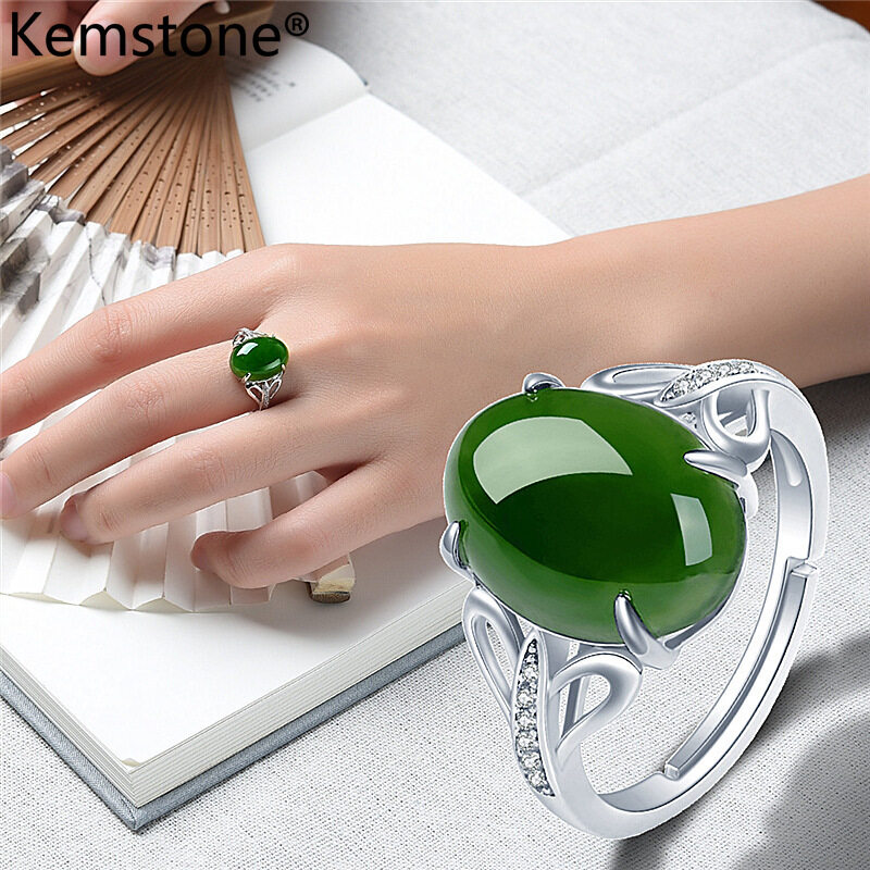 Kemstoneแหวนอาเกตเทียมสตรี,แหวนปรับได้สีเขียวสไตล์วินเทจสำหรับเป็นของขวัญเครื่องประดับสำหรับผู้หญิง