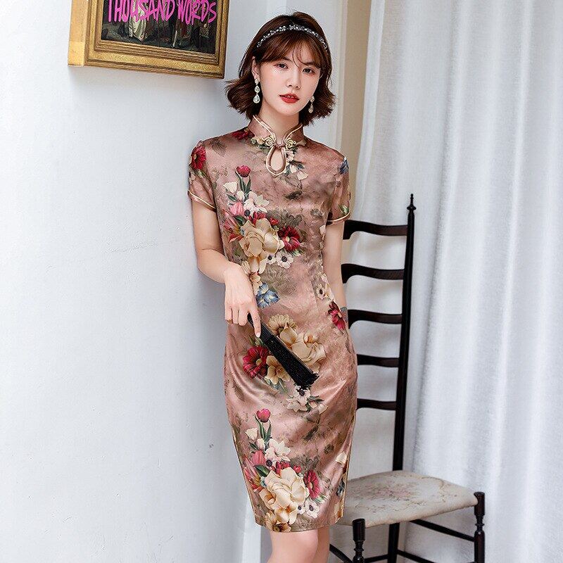 Chinese Summer Mini Cheongsam Women Microfiber Dress One Piece Gown Size M-2XL
