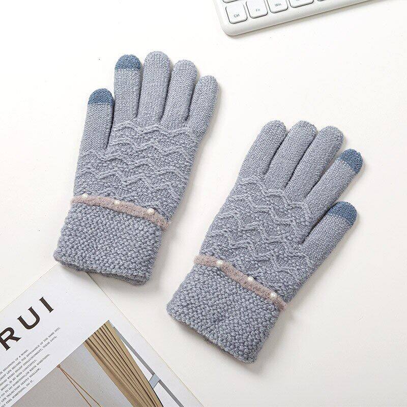 Women Winter Touch Screen Gloves Fashion Pearl Decoration Outdoor Full Finger Gloves