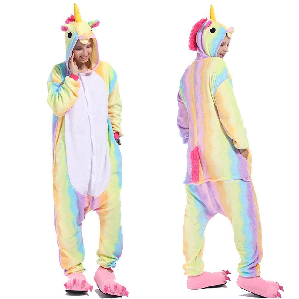 [Xzhanjing] Uni Wanita Pria Dewasa Unicorn Piyama Kostum Baju Tidur Hewan Lucu Unicorn Kostum Kartun Hewan Cosplay Piyama Berkerudung Kostum Flanel