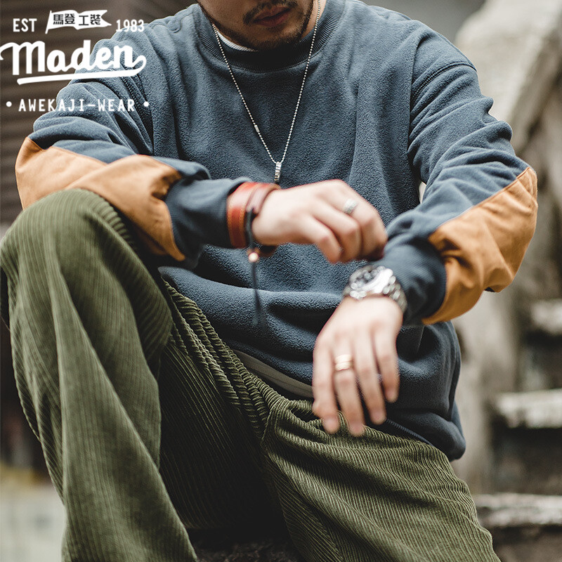 Maden brand tooling style men 2023 autumn youth retro American casual fleece raglan stitching sweater loose warm fleece jacket trend hip-hop male academic sweater