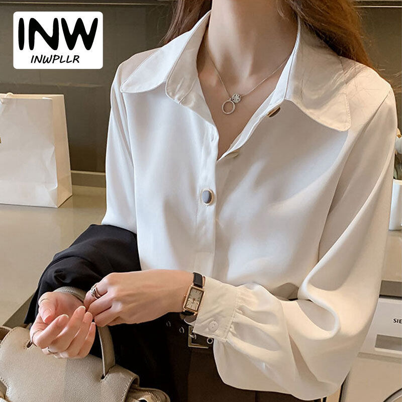 INWPLLR Newest Autumn Shirts Blouses Women's Fashion Tops V-Neck Long Sleeve Shirts Female Korean Button Tops Plus Size M-4XL