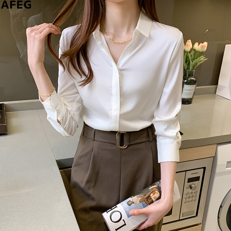 AFEG new Korean style shirt collar fashion all-match temperament satin long-sleeved shirt for women