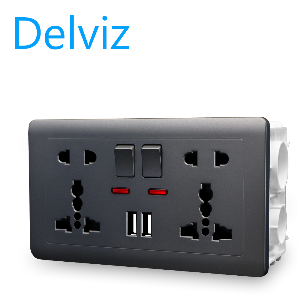 Delviz (UK/EU/US socket) wall power socket 13A with switch control, USB socket intelligent quick charging 5V2100mA. 5-hole panel 146mm*86mm, with socket mounting box.