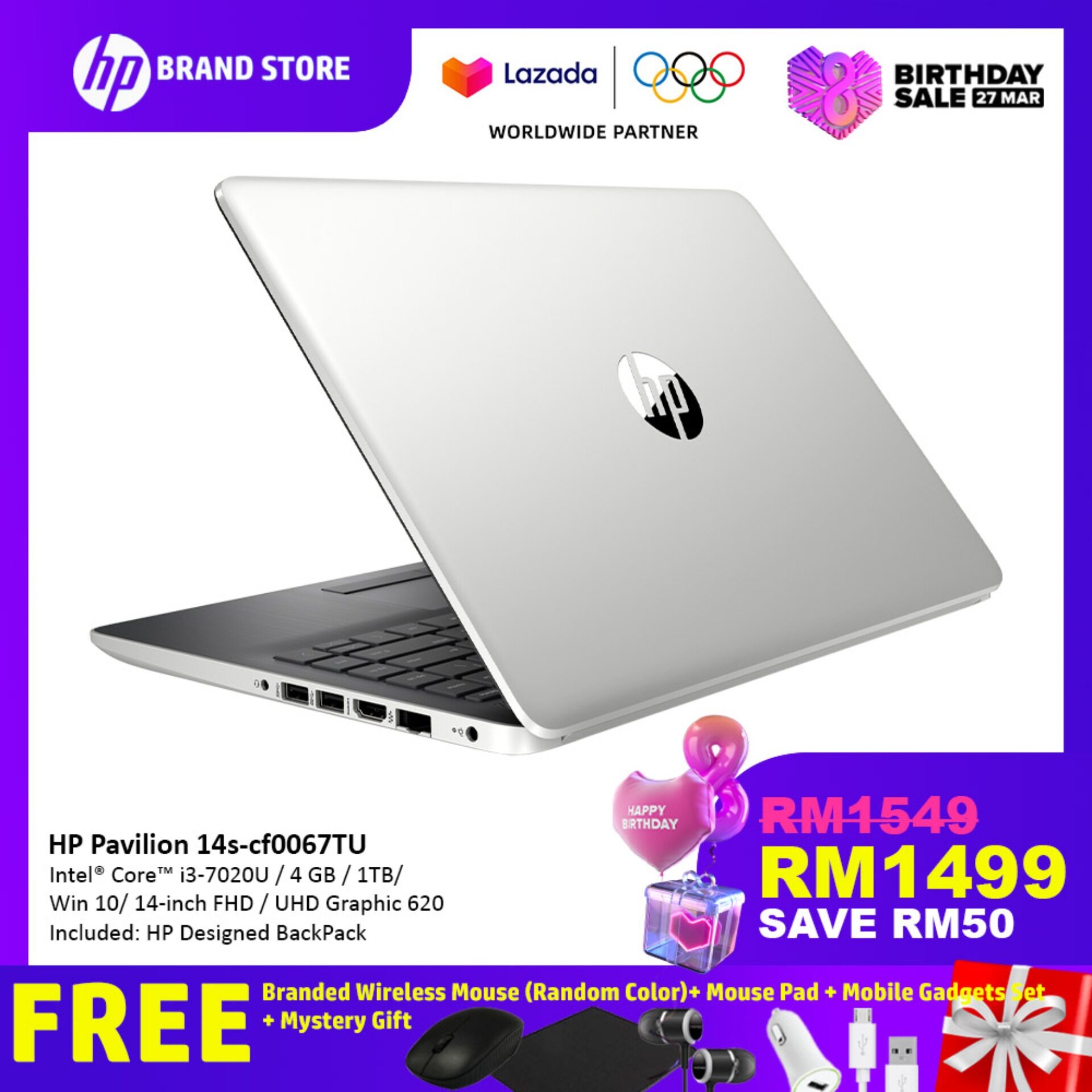 HP 14s-cf0066TU/ 14s-cf0067TU Notebook Pale Gold/ Natural Silver 6JM53PA/ 6JM55PA/i3-7020U /14IN/4GB/1TB/Intel/Win10 + Free HP Wireless Mouse (Random Color)+ Mouse Pad + Mobile Gadgets Set + Mystery Gift Malaysia