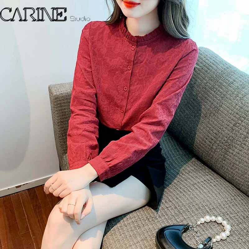 CARINE Women's stand collar chiffon blouse base shirt early spring new long sleeve fashion top