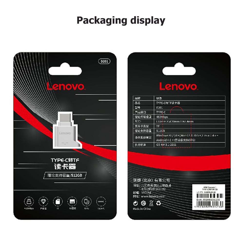 Lenovo D201 USB C TF Card Reader 480Mbps 512GB Type C to TF Mini Memory Card Reader for SmartPhone Android/Tablets /PC /Laptop