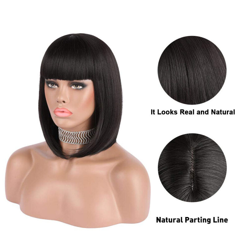 Motalik 12 Tự Nhiên Mềm Ngắn Thẳng Đen Bob Tóc Giả Tóc Nối Nhân Tạo Lông Bằng Vải Tóc Giả Nhiệt Độ Cao Chịu Nhiệt Cho Bữa Tiệc Cosplay cao cấp