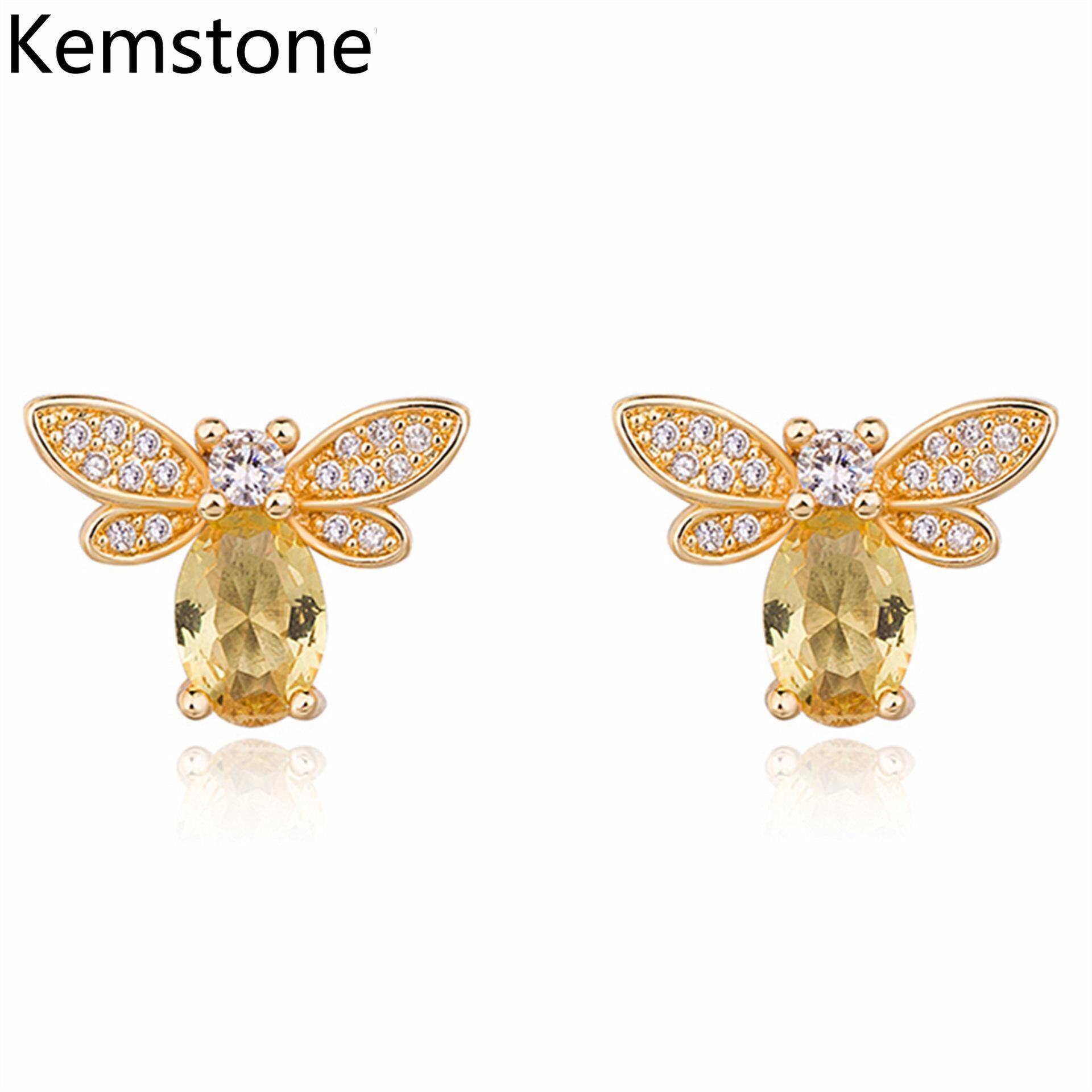 Kemstone Lovely Animal Earrings Gold Plated Citrine Zircon Bee Shaped Stud Earrings for Women