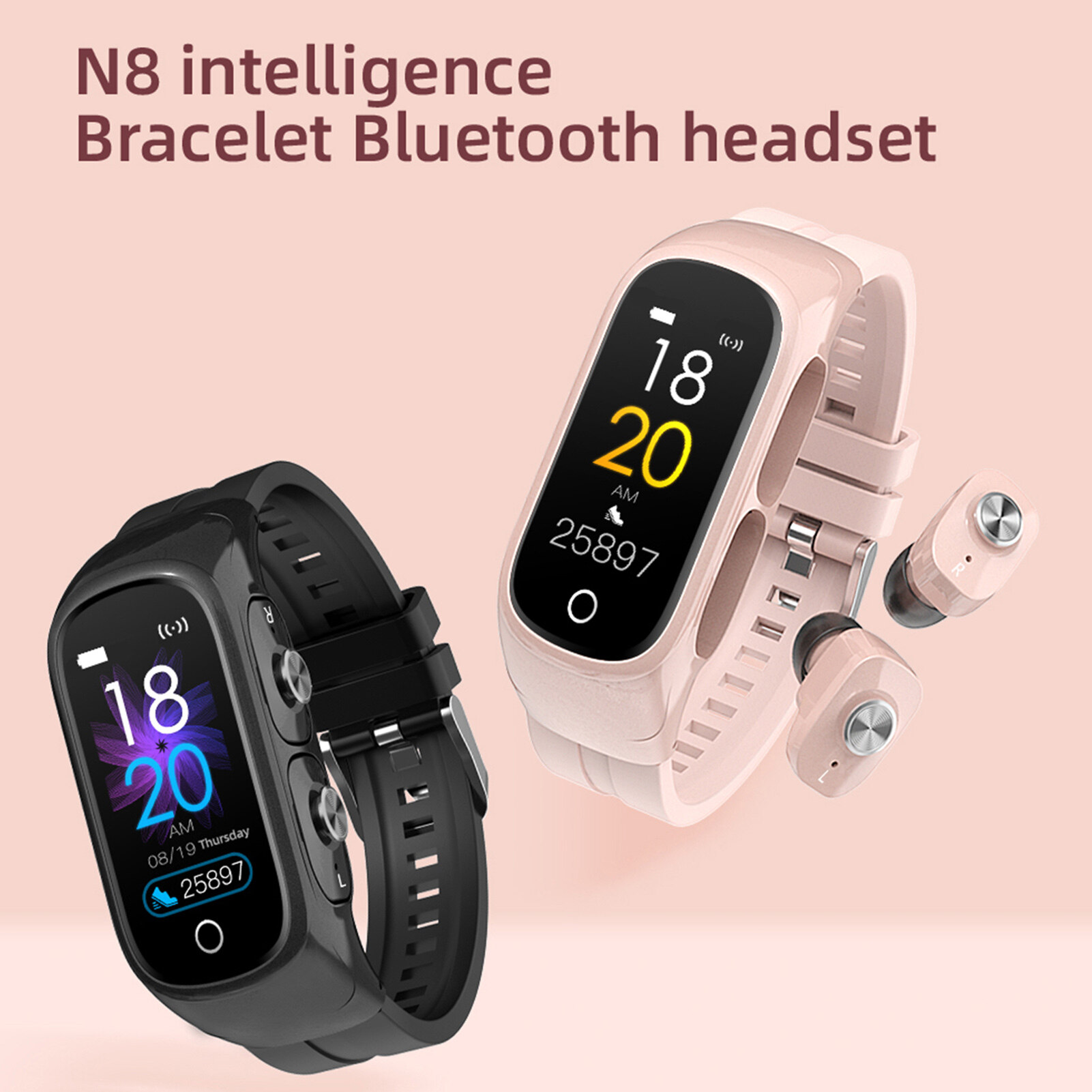 【In stock】 N8 Bluetooth-compatible Watch Multifunctional Health Monitoring Zinc Alloy 0.96 Inch Smart Watch with True Wireless Stereo Earphones for Fitness