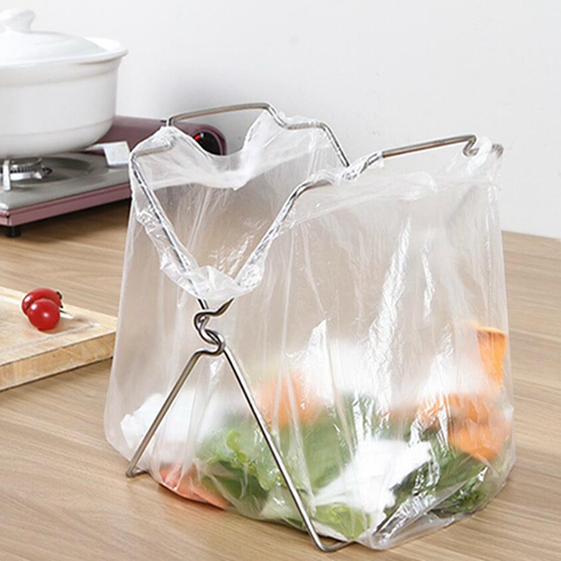 Stainless Steel Garbage Bag Shelf Rag Rack Foldable Kitchen Trash Can Hanging Plastic Bag Shelf Storage Rack